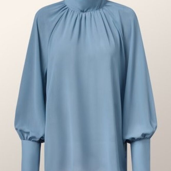 NWT StyleWe FHQ Collection 1X Blue Button Up Mock Neck Balloon Sleeve Blouse - Picture 1 of 10